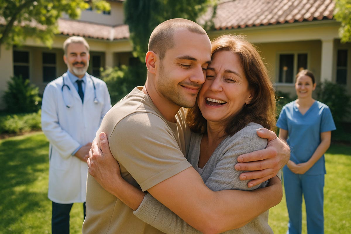Família em momento especial com equipe ao fundo